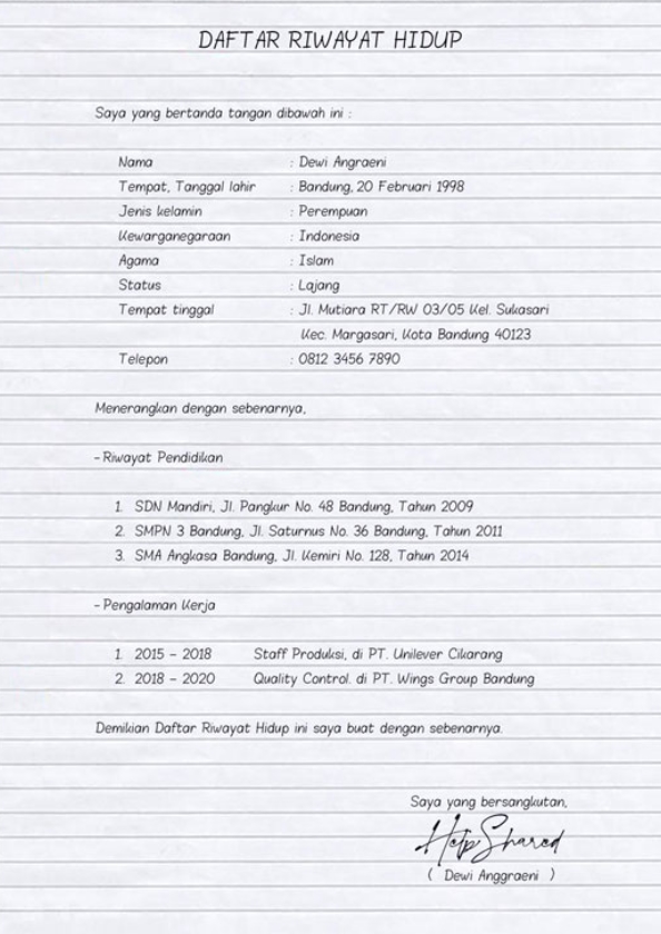 5+ Daftar Riwayat Hidup Tulis Tangan Yang Baik Dan Benar